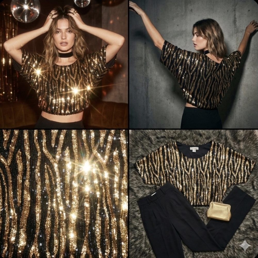 Sans Souci Gold Sequin Tiger Stripe Batwing Crop Top - M